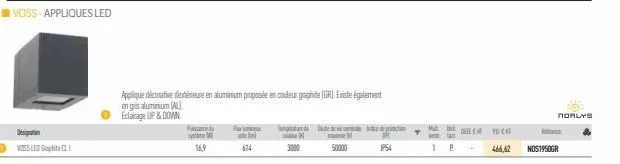 voss led gaphite cli  applique décorative detérieure en aluminium proposée en couleur graphite (gri. existe également  nglisaluminiumall  eclairage up&down  pandu pa  169  medi  50000  3000  ip54  ver