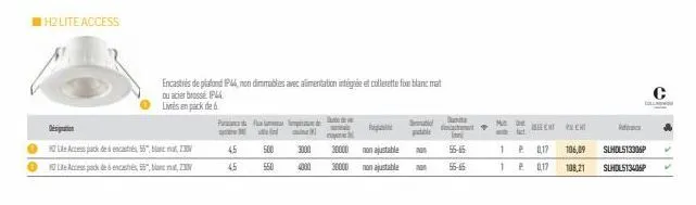 h2 lite access  le access pack de encat, 55,  mat, 23 accedens, 55", nema, zen  p  encastrés de plafond ip44, non dimmables avec alimentation intégrée et collerette for blanc mat ou acier brossé. ip44