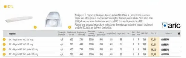 idyl  designation  0  0  ● em-regele led 0 y-regle vi led  2 led  - -reglete v2 led  6.5  6,5  6,5  65  pamp  |  600  700 4000  600 2700  700  moy  a  30000  30000  30000  30000  ip44  410  ip44  410 