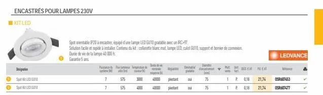 0  encastrés pour lampes 230v  kit led  destin  spot led gu  spot led gu  7  1  575  575  3000  4000  may  40000  an  pivotant pivotant  spot orientable ip20 à encastre équipé d'une lampe led guto gra