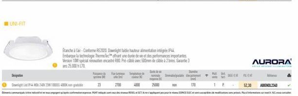 UNI-FIT  Despration  Gonight IP4406240V Z3W 1000ES 4K-radable  W  Pump  m  Etanche à fair-Conforme RE2020. Downlight faible hauteur alimentation intégrée IP44. Embarque la technologie Thermalec offran