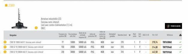 Desiguations  23851810003-840 ET tease-inte  ●23821820000-84- 2380 02 18 30000-840 ET, taisceau semi-intens  Armature industrielle LED  Faisceau semi-intensit  Liné avec cordon d'alimentation (1.5ml E