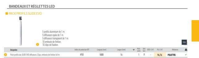 BANDEAUX ET RÉGLETTES LED  PACK PROFILS SLIDE EVO  Designation  Pack pris SLIDE EVDs Clips, bouts defin  10 embouts de finition  10 clips de fixation  5 profil aluminium de 1 m.  5 diffuseurs opale de