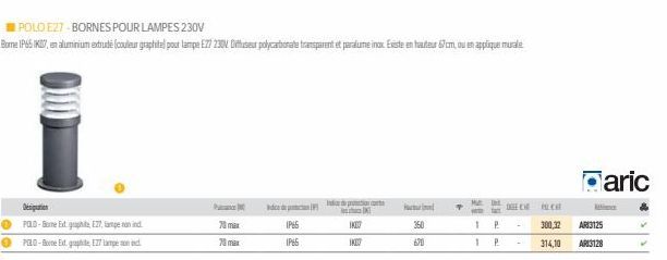 POLO-Same Ext graphite, E27, men PELO-Bone Edge, 27 min  70 max  70 max  IP65  IP65  POLO E27-BORNES POUR LAMPES 230V  Borne IP65 IKI, en aluminium extrudé (couleur graphitel pour lampe E27 230V. Difu