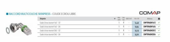 RACCORD MULTICOUCHE SKINPRESS-COUDE ECROU LIBRE  Coude à  Coude à  Coude à tout 2-12  Code  12-34  202-1/2  Tours 2012-34  Mat et ta  1  1 P  P  P  1 P  1  -  DESEM PUCH  16,48  18,84  18,18 18,99  CO