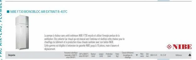 nibe f730 monobloc air extrait r-407c  la pompe à chaleur sans unité extérieure nibe f730 recycle et utilise energie perdue de la ventilation. elle collecte fair chaud qui est évacué vers fextérieur e