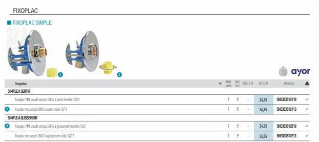 FIXOPLAC  FIXOPLAC SIMPLE  Desipiations SIMPLEA SERTIR  Fipa MAL  Toplac we simple DN12  SIMPLEA GLISSEMENT  le DN16 à serts femelle 15/21  12/17  FML couple DN à glissement temelle 15/21  plac w simp