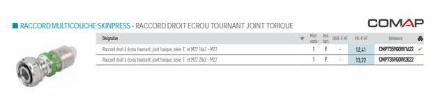 RACCORD MULTICOUCHE SKINPRESS-RACCORD DROIT ECROU TOURNANT JOINT TORIQUE  Rad dà état, jolique, série T et M72 16x2-MIZ Raccord dét, joitique, sine et M27 202-22  +  1  T  Matt tat  P  P  DELECHE CH  