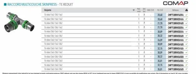 raccord multicouche skinpress - te reduit  designation  t1642-77-172  t27-162-167  t20-12-201  t20-7-207-167  t27-763-167  t20-3-201  t25x3-162-167  t26x3-16x2-70x2  t763-162-76x3  t283-207-167  t763-