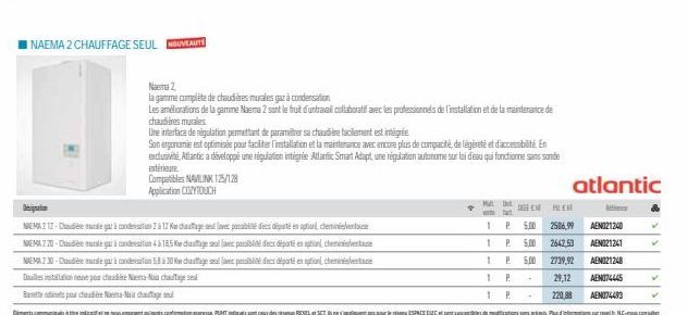 INAEMA 2 CHAUFFAGE SEUL OUVEAUT  Compatibles NAVLINK 125/128  Application COZYTOUCH  Designation  NEMA 2 12-Chamurlegar à condensation 2 12 chaufage sea possibilité des déporté en option, cheminésente