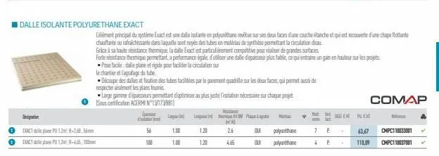 dalle isolante polyurethane exact  designation  exact de plate pu 12,8-2,60,56mm  exact de plate pu 12 r-466, 100mm  passes  56  lager n  1.00  1.00  le chantier et lagrafage du tube.  découpe des dal