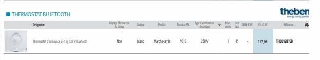 THERMOSTAT BLUETOOTH  Designation  Thermostat d'ambiance 24h 7, 230 V Bluet  Non  Onde  Modd  blanc Marche-ant  M  9010  A  230V  Y  MA  1 P  PUCH  127,58  theben  THB8120150 