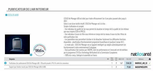 PURIFICATEUR DE L'AIR INTERIEUR  EOLIS 600  CACIE  Purificate de profession 15 A Manager 600-cache pousée 99,6% contre les c Support pour le paragr  99,6%  Grâce à son écran tactile intuitit, EOLIS A 