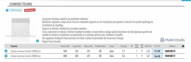 CONVECTEURS TRIPHASE HOUVEAUT  Desipation  Triphasé conecta 1500W  Trip  2000W  Convecteur électrique adapté à une installation triphasée  Résistance, régulation, coupe-circuit, tous les composants ag