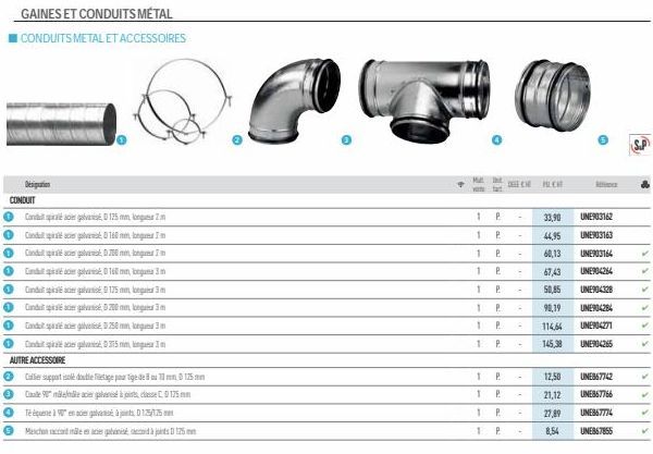 CONDUIT  GAINES ET CONDUITS MÉTAL  I CONDUITS METAL ET ACCESSOIRES  0 Conduc00mm,  0 Cancer  1  ConciergaD125mm, 2m  and space galvanisé, 0160 mm, longues I'm  Ⓡ  Cand spacer  0 Cand spia acier galvan