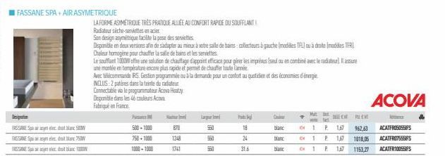 Designation  FASSANE Spa elect  FASSANES  75W  FASSANE Spaaradut 1000W  I FASSANE SPA+ AIR ASYMETRIQUE  PM Hanni  500-1000  750 +1000  1000+1000  871  1248  1741  LA FORME ASYMÉTRIQUE TRÈS PRATIQUE AL