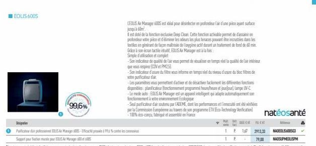 EOLIS 600S  $99,6%  Designation Pulicat a  A Manager 65-fficacité prvé à 99,6% con lec Super pauration murale pour EDSA Manager 665  LEOLIS Air Manager 600S est idéal pour désinfecter en profondeur l'