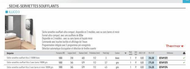 SECHE-SERVIETTES SOUFFLANTS  ILLICO 3  DE  Designation  Sche-eest 183  Sche-surtovec  180W  Sche-serentico avec berres et mini 1800W  Seche serviettes soufflant ultra compact, disponible en 3 modèles,