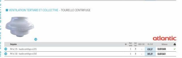 VENTILATION TERTIARE ET COLLECTIVE TOURELLE CENTRIFUGE  Despration  Mite: 175-centugeed125  Mitell-cenfuge edil  P  Mat  fat  1 P  T  P  C  838,57  885,09  atlantic  Re  ELG512450  ELG512451 