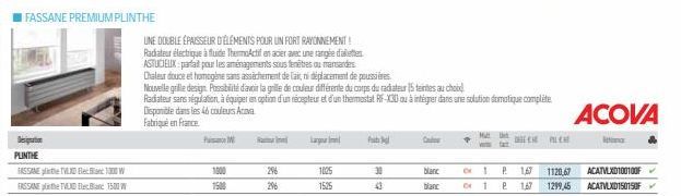 Designation  I FASSANE PREMIUM PLINTHE  PLINTHE  FASSANETVLXD Blean W  FASSANETVLXDE 1500 W  ww  P  1000  R  296  296  UNE DOUBLE ÉPAISSEUR D'ELEMENTS POUR UN FORT RAYONNEMENT! Radiateur électrique à 