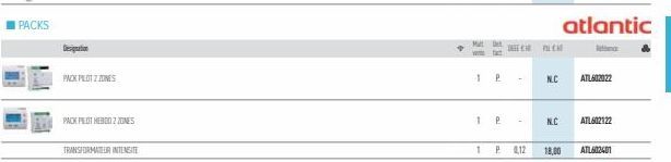 PACKS  Designation  PACK PILDI 2 ZONES  PACK PILOT HEBDO 2 ZONES  TRANSFORMATEUR INTENTE  Mat  1  P  1 P  1 P 4,12  DECEPC  N.C  N.C  atlantic  18,00 ATL602401  ATL602022  ATL602122 