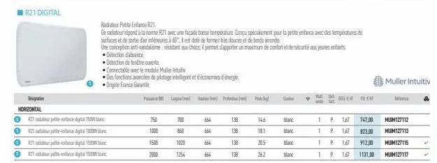 despation horizontal  r21 digital  0821-75  02 er pette-enace di 1000w  021st pee-ee15  021 especial 15  750  1000  1500  2000  detection de fenêtre ouverte  connectable avec le module muller intuitiv