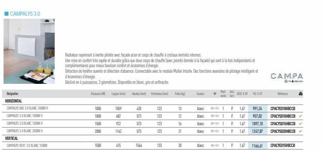 I CAMPALYS 3.0  Desig  HORIZONTAL  CAMPALES BAS 30 BLANC TOODWW  CAMPNESBLANCH  CAMPAS 18 BLANC 150WH  CAMPALYS BLANCH VERTICAL  CAMPALYS VERT 30 BLANC 15  1000  2000  1500  PIN P  1059  682  922  116