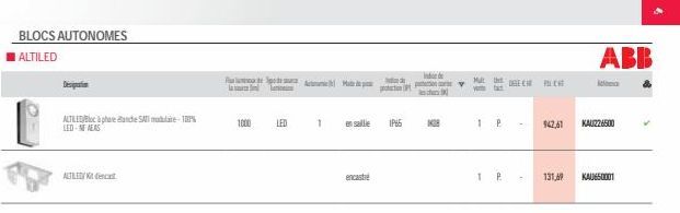 BLOCS AUTONOMES  ALTILED  Design  ALTILE&phere anche Sout-18% LED-NFALAS  ALTLED Kit den  la m  1000  LED  1  en salle  encastr  Ind c  IP65  Indor de ponov  108  MAL  1 P  T  P  DESECH PULCH  942,61 