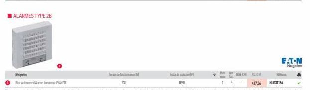 ALARMES TYPE 2B  Bloc Autone dame LumPLANETE  230  IP20  We  1  417,36  EATON Nugelec  NUG31186 