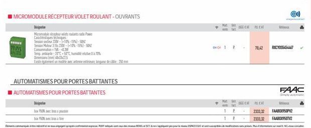 wwwww  MICROMODULE RÉCEPTEUR VOLET ROULANT-OUVRANTS  Miconadule acepur volets roulants P  Castiques techniques  Tenis  230V-1-10%-15%-502  Tersion Mote 3 Tis 230V-(-10%-15%)-50HZ  Commation T-4M  Temp