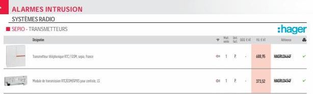 ALARMES INTRUSION  SYSTÈMES RADIO SEPIO-TRANSMETTEURS  Tunique C/GSM France  527 Module din RSS  Mut the  1 P  OTP  DELECH  BUCH  688,95 HAGRID464F  373,52  :hager  HAGRIDSF 