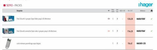 Pack 4 groupes Sed43dc  Pack Sété connect Sep cao 4 groupes je 40 déce  Mult  v  OF 1 P  1 P  1 P  A  1  DE PUCH  1326,28  1764,20  :hager  Mana  HAGRLP305F  156,42 HAGS851-22X  HAGRLP306F 