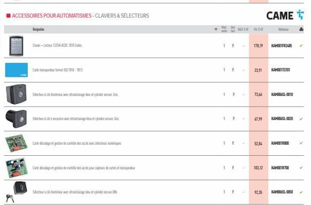 ACCESSOIRES POUR AUTOMATISMES-CLAVIERS & SÉLECTEURS  Designation  Caver+Leta 12/74V ACDC 1810  Carte anspondeu format 1507810-7813  Secteurà de festavec rétroédaiage bina et cylind  Secteur encastrave