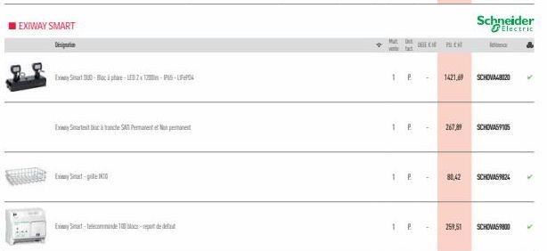 EXIWAY SMART  Designation  Exiway Smart DUD-Bloc à phare-LED 2x 120-PS-LIFEPO4  Exy Set bac à tranche SA Permanente permane  Exy Smart- Exy Sat-telecomand 100M-re de def  Ma ya  1 P  1 P  1 P  DESEM P