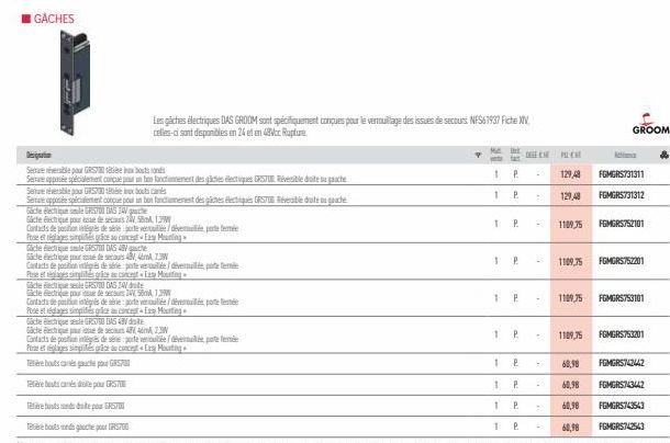 GACHES  Designation  See versible pour GRS18  Senare opposée spécialement conçue pour un bon fonctionnement des gâches électriques ERSTURéveible droite su gauche  See réversible pour GRS 18  x bouts c