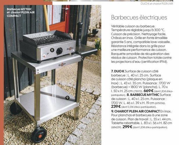 Barbecue MYTHIC et chariot PLEIN AIR COMPACT  DUO K et chariot PLEIN AIR  Barbecues électriques  Véritable cuisson au barbecue. Température réglable jusqu'à 300 °C. Cuisson de précision. Nettoyage fac