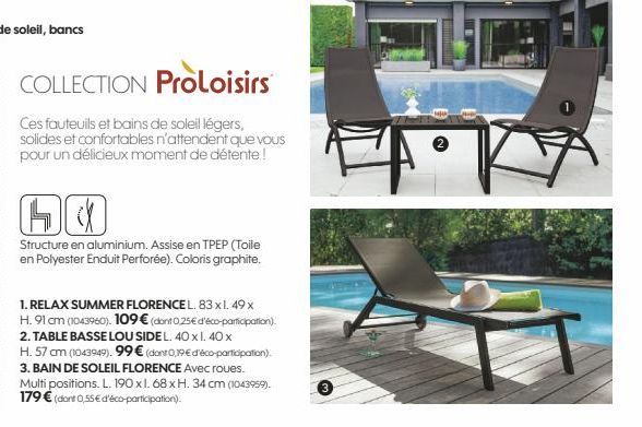 COLLECTION Proloisirs  Ces fauteuils et bains de soleil légers, solides et confortables n'attendent que vous pour un délicieux moment de détente!  DO  Structure en aluminium. Assise en TPEP (Toile en 