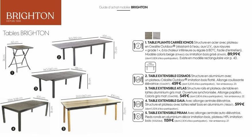 BRIGHTON  74cm.  DEPUIS 1998  Tables BRIGHTON  62 cm  206/308 cm  160/240 cm  100 cm  76 am  165/261 cm  98 cm  200/260 cm  UD Q  Guide d'achat mobilier BRIGHTON  100 cm  75mm  100 cm  75cm  (G)  1. T