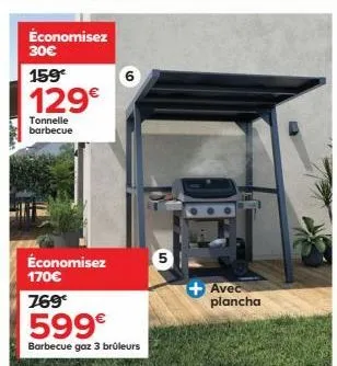 économisez 30€  159€  129€  tonnelle barbecue  économisez 170€  769€  599€  barbecue gaz 3 brûleurs  6  5  +avec  plancha 