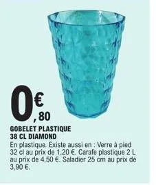 € ,80  gobelet plastique  38 cl diamond  en plastique. existe aussi en: verre à pied 32 cl au prix de 1,20 €. carafe plastique 2 l au prix de 4,50 €. saladier 25 cm au prix de 3,90 €. 