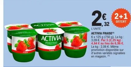 activia  probiotiques  fraise  2€ 2+1  offert  l'unité  activia fraise  6 x 125 g (750 g). le kg. 3,09 €. par 3 (2,25 kg): 4,64 € au lieu de 6,96 €. le kg: 2,06 €. même promotion disponible sur d'autr