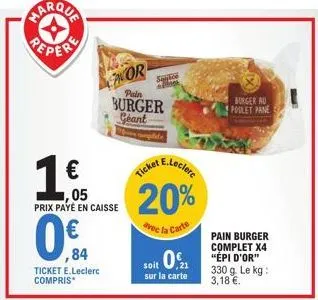 1 €  05 prix payé en caisse  0,€f  ,84  nor  pain  burger geant  ticket e.leclerc compris  sank  e.leclerc  ticket  20%  avec la carte  soit 0  sur la carte  burger au poulet pane  pain burger complet