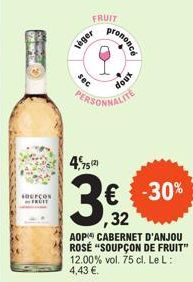 FOMEN  -  SOUPÇON FRUIT  léger  FRUIT  sec  4,75(2)  PERSONNALITE  prononce  xnop  € -30% ,32  AOP CABERNET D'ANJOU ROSE "SOUPÇON DE FRUIT" 12.00% vol. 75 cl. Le L: 4,43 €. 