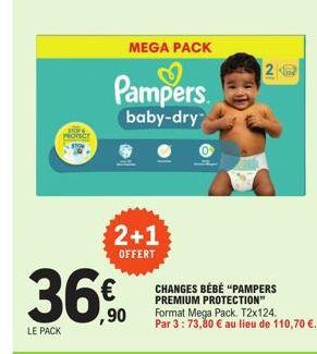 36€  ,90  LE PACK  MEGA PACK  Pampers  baby-dry  2+1  OFFERT  2 