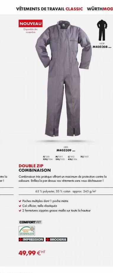 vêtements de travail classic würthmodyf  nouveau disponible des novembre  comfort fit  gris  m405209 ...  5/000 m/001 l/002 xxl/004 3xl/005 4xl/006  double zip  combinaison  combinaison très pratique 