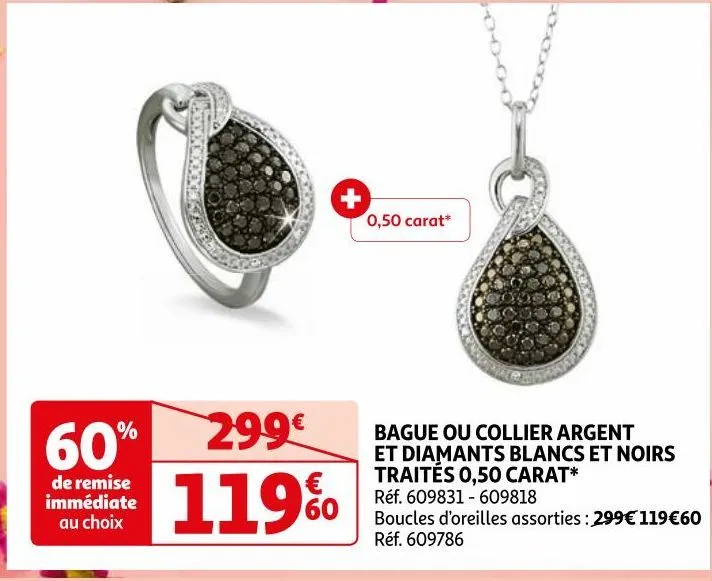 bague ou collier argent et diamants blancs et noirs traites 0,50 carat