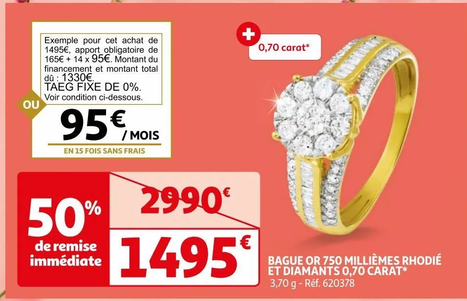 bague or 750 milliemes rhodie et diamants 0,70 carat