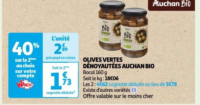 OLIVES VERTES DÉNOYAUTÉES AUCHAN BIO