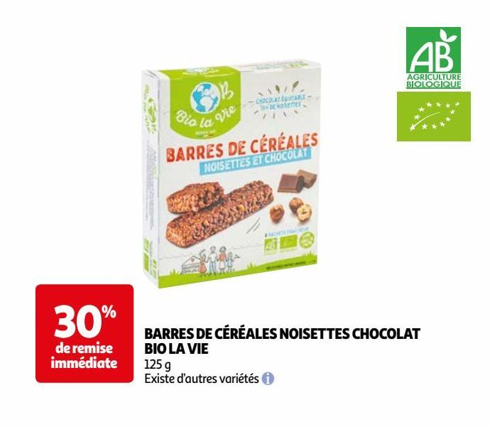 BARRES DE CÉRÉALES NOISETTES CHOCOLAT BIO LA VIE