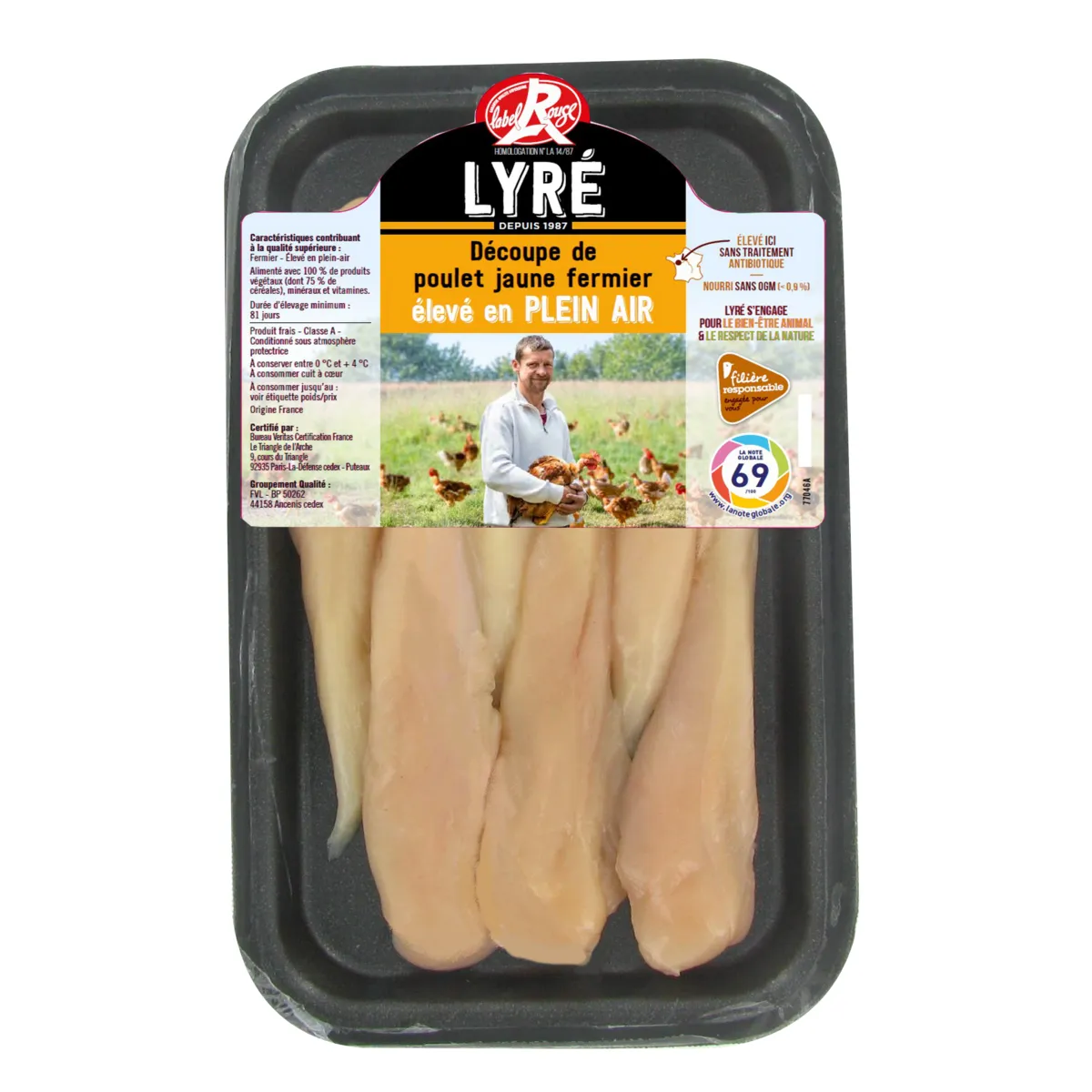 6 aiguillettes de poulet fermier de lyré label rouge filière auchan "cultivons le bon"(